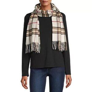 NEW V.FRAAS UNISEX IVORY PLAID FRINGE SCARF